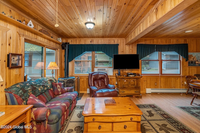 living room with wood ceiling, a wood stove, wooden walls, a baseboard heating unit, and hardwood / wood-style flooring