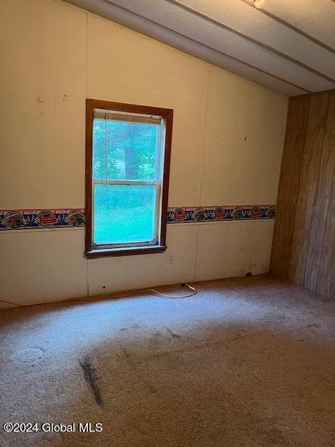 carpeted empty room with vaulted ceiling