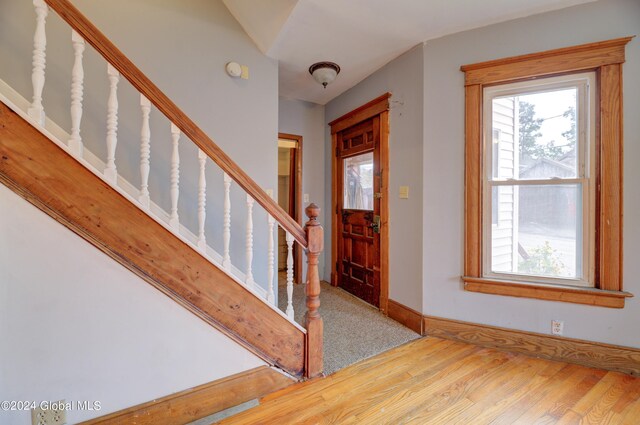 foyer with a wealth of natural light and hardwood / wood-style flooring