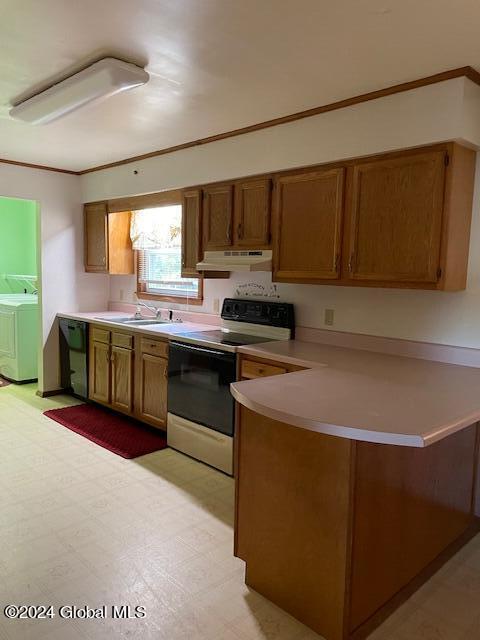 kitchen featuring dishwasher, washer and clothes dryer, white electric range, kitchen peninsula, and sink