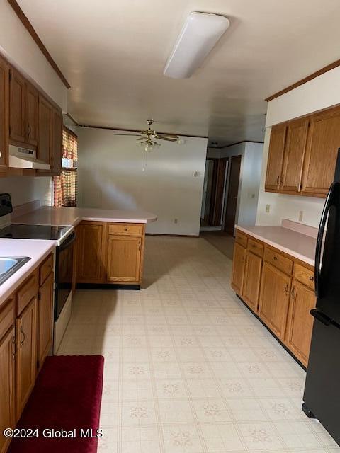 kitchen featuring electric stove, black refrigerator, kitchen peninsula, sink, and ceiling fan