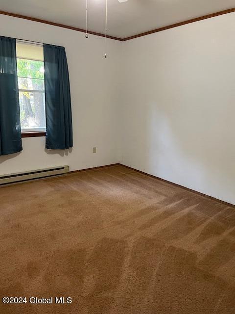 carpeted spare room featuring crown molding