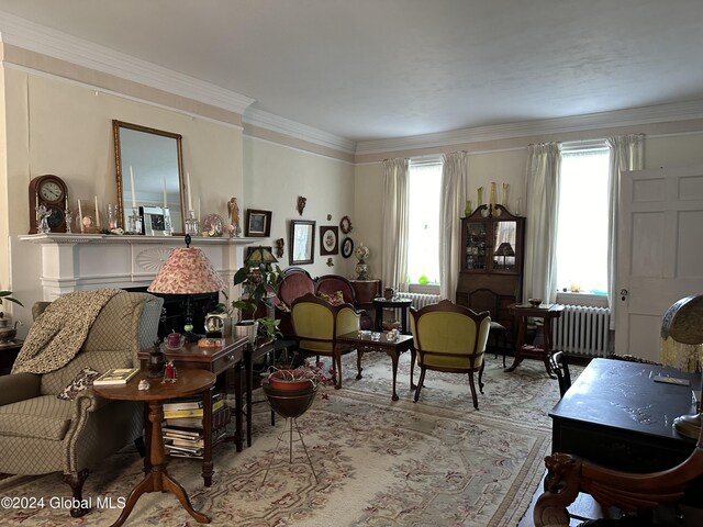 living room featuring a wealth of natural light, a fireplace, radiator heating unit, and crown molding