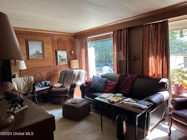 living room with light carpet, ornamental molding, a wealth of natural light, and wooden walls