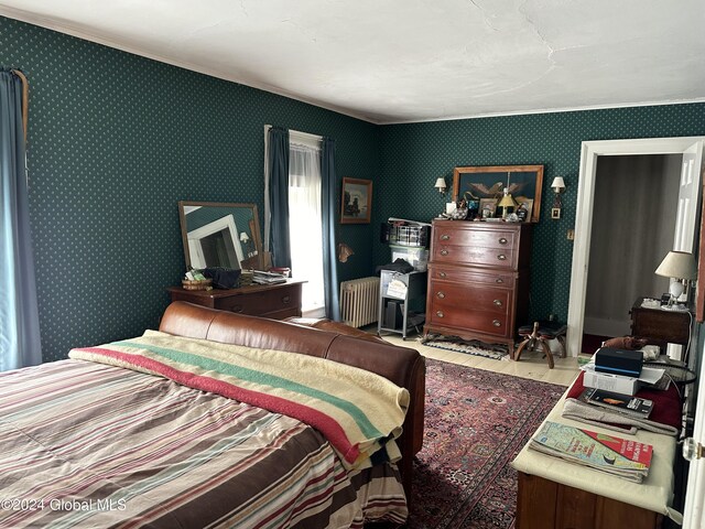 bedroom featuring radiator