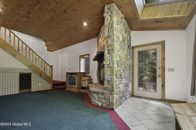 135 Sparrowhawk Lake Rd, Maryland, NY 12155 - living room with wooden ceiling, stairway, a fireplace, lofted ceiling, and tile patterned flooring
