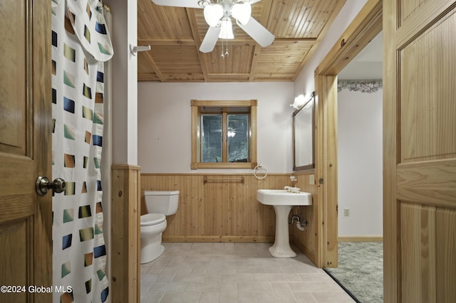 135 Sparrowhawk Lake Rd, Maryland, NY 12155 - bathroom with wooden walls, wainscoting, ceiling fan, toilet, and wood ceiling