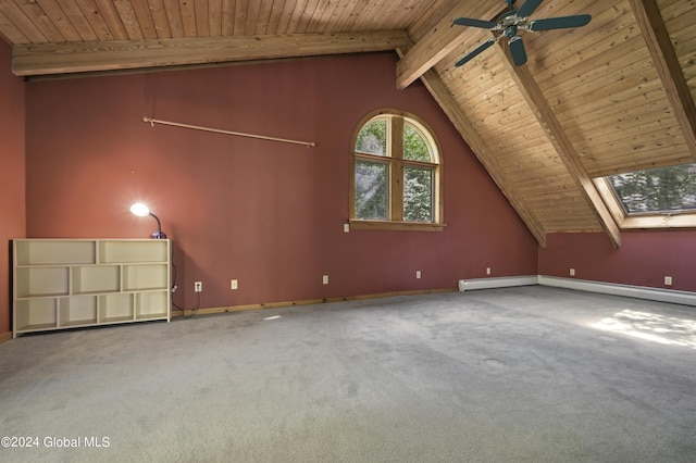 135 Sparrowhawk Lake Rd, Maryland, NY 12155 - bonus room featuring vaulted ceiling with skylight, wooden ceiling, carpet floors, a ceiling fan, and baseboards