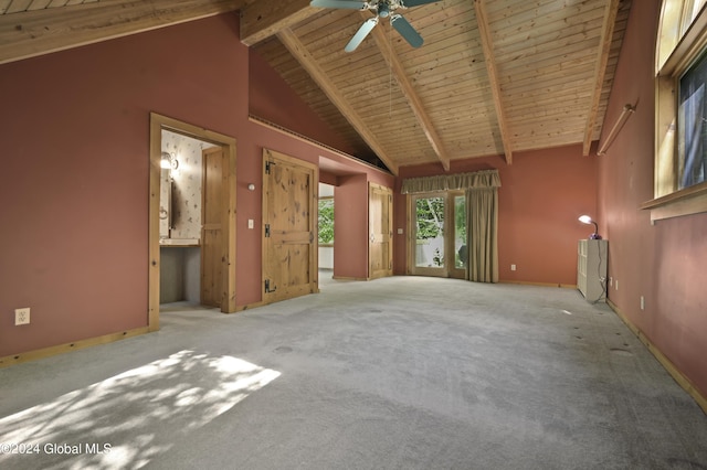 135 Sparrowhawk Lake Rd, Maryland, NY 12155 - unfurnished living room with high vaulted ceiling, wooden ceiling, baseboards, beamed ceiling, and ceiling fan