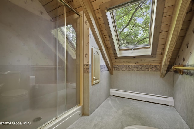 135 Sparrowhawk Lake Rd, Maryland, NY 12155 - bathroom with a stall shower, a baseboard radiator, and wallpapered walls