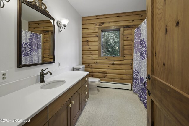 135 Sparrowhawk Lake Rd, Maryland, NY 12155 - bathroom with vanity, toilet, log walls, a shower with shower curtain, and baseboard heating
