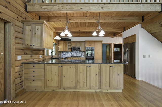 135 Sparrowhawk Lake Rd, Maryland, NY 12155 - kitchen with wooden ceiling, a chandelier, open shelves, a peninsula, and black appliances