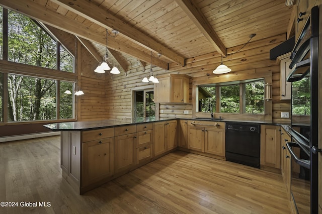 135 Sparrowhawk Lake Rd, Maryland, NY 12155 - kitchen with beamed ceiling, a peninsula, dishwasher, dark countertops, and wood ceiling