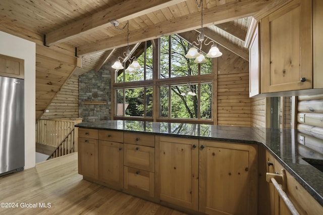 135 Sparrowhawk Lake Rd, Maryland, NY 12155 - kitchen with light wood-type flooring, lofted ceiling with beams, wood ceiling, freestanding refrigerator, and a notable chandelier