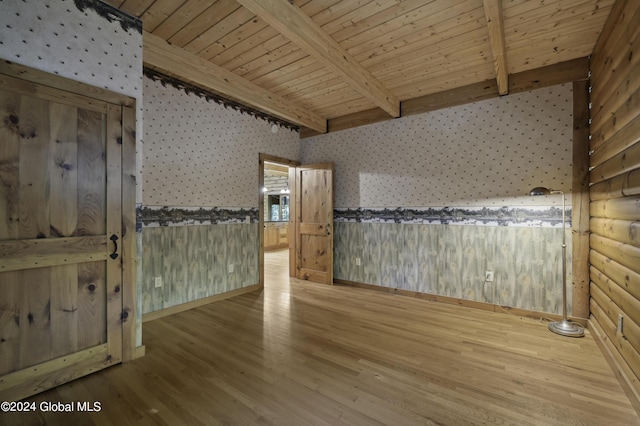 135 Sparrowhawk Lake Rd, Maryland, NY 12155 - spare room featuring wallpapered walls, wood ceiling, beam ceiling, and wood finished floors