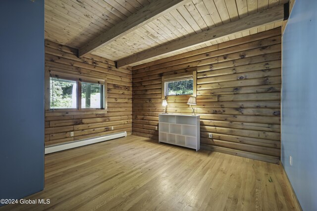 135 Sparrowhawk Lake Rd, Maryland, NY 12155 - interior space with wooden ceiling, beamed ceiling, light wood-style floors, and baseboard heating
