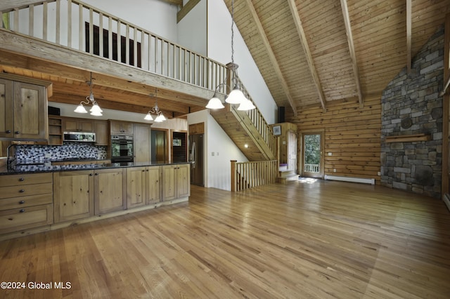 135 Sparrowhawk Lake Rd, Maryland, NY 12155 - kitchen with open floor plan, open shelves, stainless steel appliances, wood ceiling, and baseboard heating