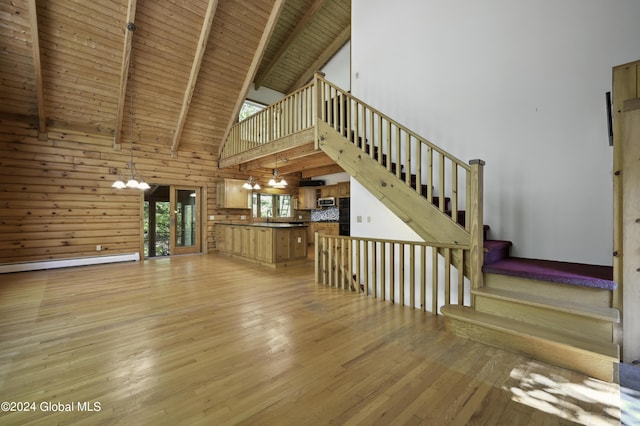 135 Sparrowhawk Lake Rd, Maryland, NY 12155 - unfurnished living room featuring wooden ceiling, stairway, a chandelier, wooden walls, and light wood-style flooring