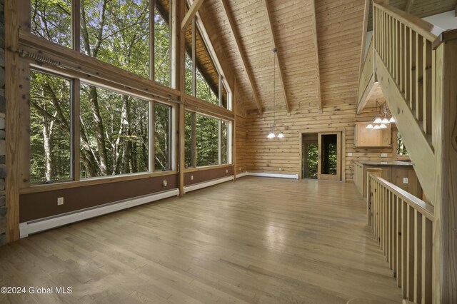 135 Sparrowhawk Lake Rd, Maryland, NY 12155 - unfurnished living room featuring high vaulted ceiling, wooden walls, wood finished floors, beam ceiling, and wooden ceiling