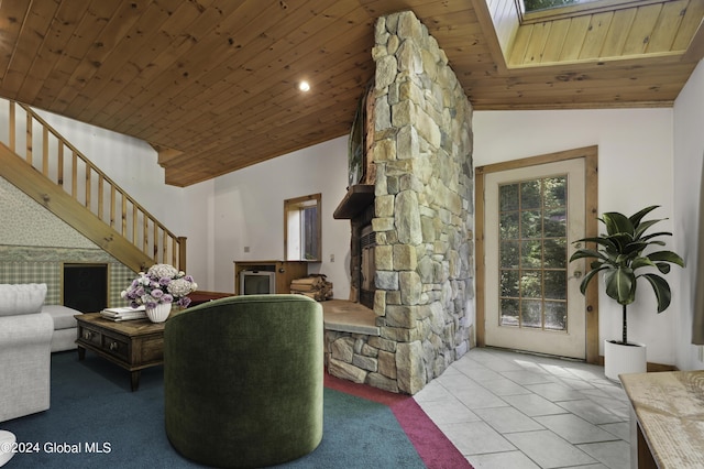 135 Sparrowhawk Lake Rd, Maryland, NY 12155 - tiled living area with stairs, lofted ceiling, and wood ceiling