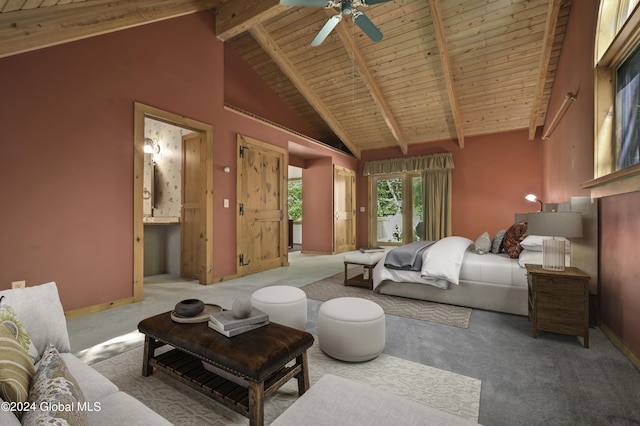 135 Sparrowhawk Lake Rd, Maryland, NY 12155 - carpeted bedroom with high vaulted ceiling, baseboards, connected bathroom, beam ceiling, and wood ceiling