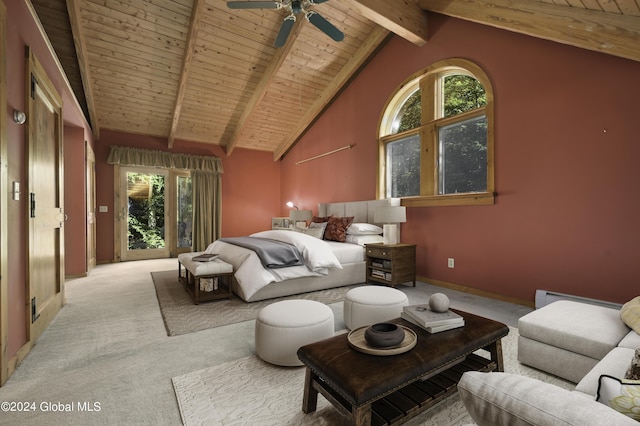135 Sparrowhawk Lake Rd, Maryland, NY 12155 - bedroom featuring high vaulted ceiling, baseboard heating, beam ceiling, wooden ceiling, and light colored carpet