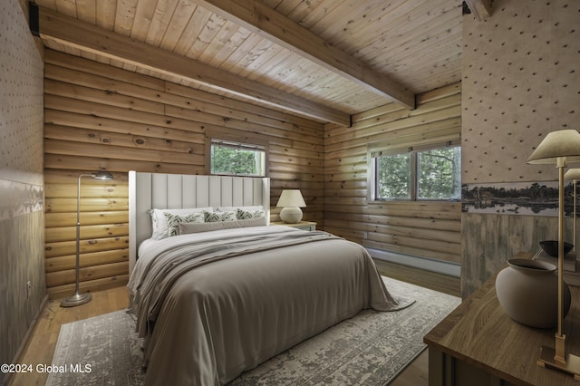 135 Sparrowhawk Lake Rd, Maryland, NY 12155 - bedroom with log walls, wood finished floors, multiple windows, and beamed ceiling