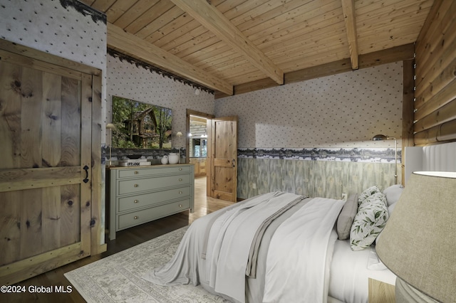 135 Sparrowhawk Lake Rd, Maryland, NY 12155 - bedroom featuring wallpapered walls, wooden ceiling, beam ceiling, and wood finished floors