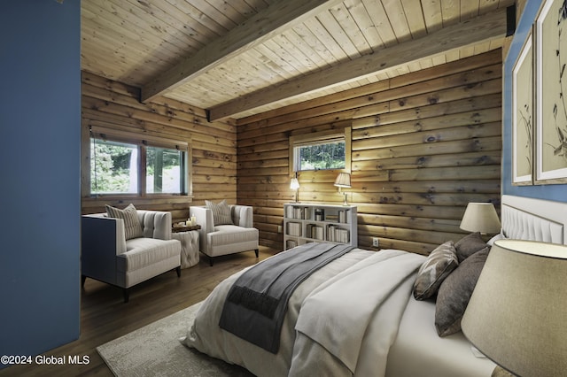 135 Sparrowhawk Lake Rd, Maryland, NY 12155 - bedroom featuring wood ceiling, beamed ceiling, rustic walls, and wood finished floors