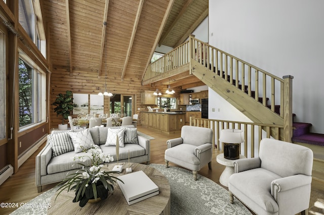 135 Sparrowhawk Lake Rd, Maryland, NY 12155 - living room featuring a baseboard radiator, wood finished floors, beam ceiling, an inviting chandelier, and wood ceiling