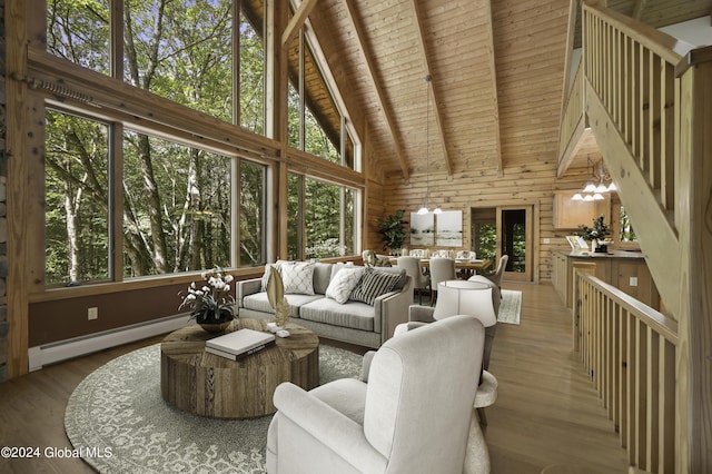 135 Sparrowhawk Lake Rd, Maryland, NY 12155 - living area with a healthy amount of sunlight, a baseboard heating unit, wooden walls, and beam ceiling