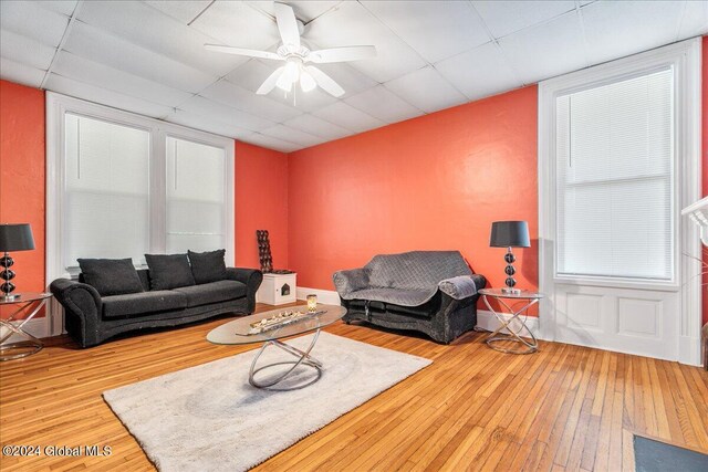 living room with hardwood / wood-style flooring and ceiling fan