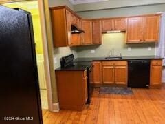 kitchen featuring black appliances, ventilation hood, sink, and light hardwood / wood-style flooring