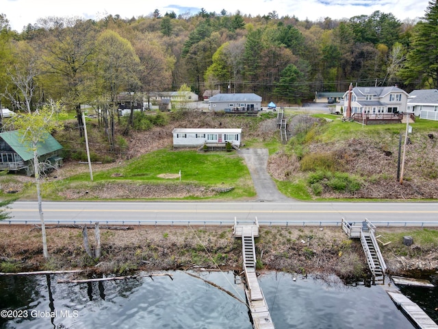 drone / aerial view with a water view