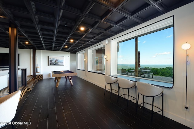 rec room featuring pool table, coffered ceiling, and dark hardwood / wood-style floors