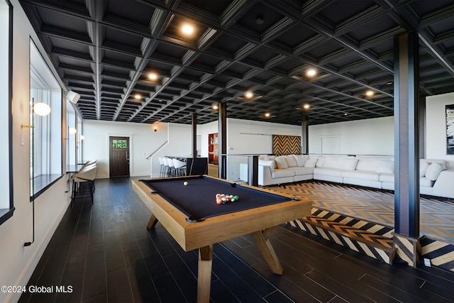 rec room with dark hardwood / wood-style floors and billiards