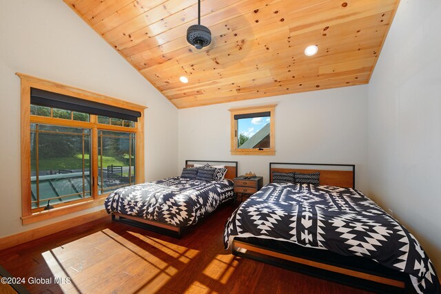 bedroom with wood ceiling, access to exterior, wood-type flooring, and vaulted ceiling