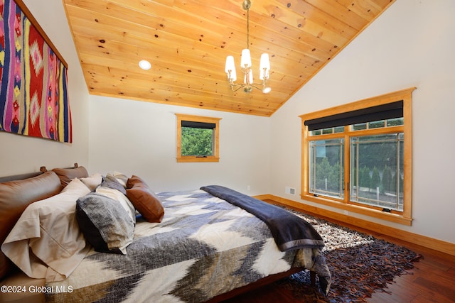 bedroom featuring a chandelier, vaulted ceiling, hardwood / wood-style flooring, and wooden ceiling