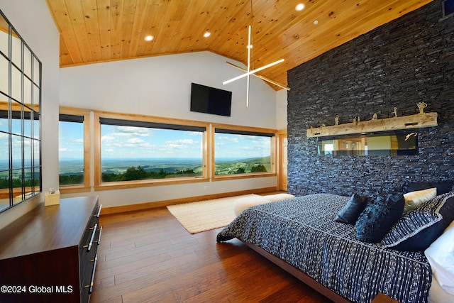 bedroom with hardwood / wood-style floors, wood ceiling, and high vaulted ceiling