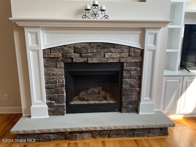 details featuring wood-type flooring and a stone fireplace