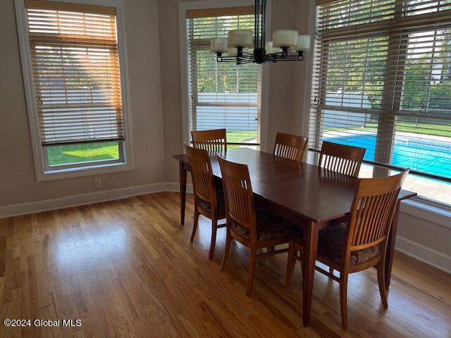 dining room with hardwood / wood-style floors and a notable chandelier