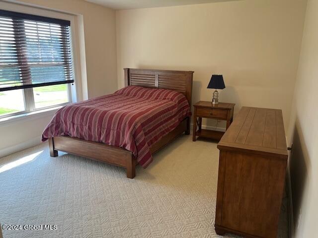 bedroom with light carpet