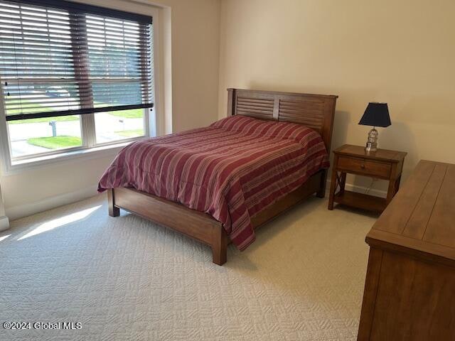 bedroom featuring light carpet