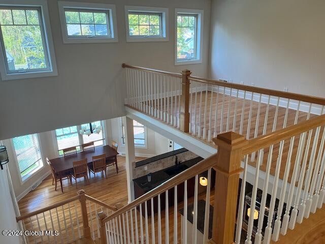 stairway with plenty of natural light and hardwood / wood-style flooring