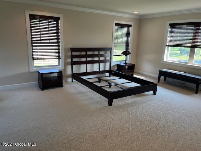 carpeted bedroom featuring crown molding and multiple windows