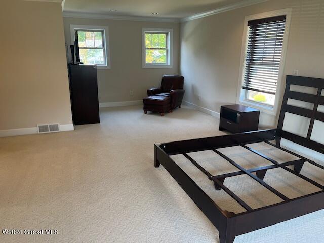 carpeted bedroom with ornamental molding