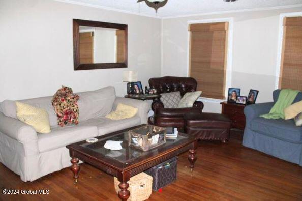 living room with dark hardwood / wood-style floors and crown molding