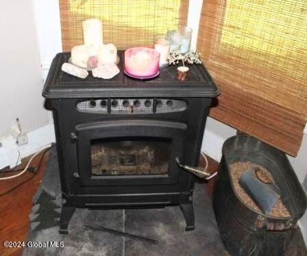 interior details with a fireplace and a wood stove