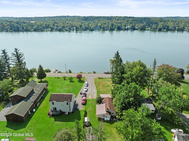 drone / aerial view featuring a water view