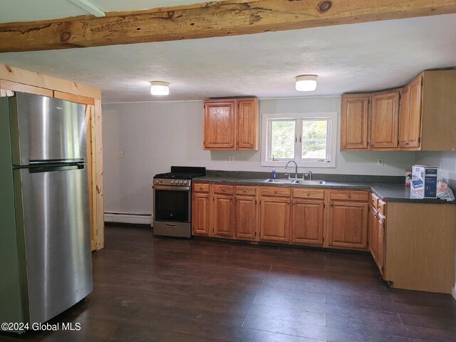 kitchen featuring a baseboard radiator, sink, stainless steel appliances, and dark hardwood / wood-style floors